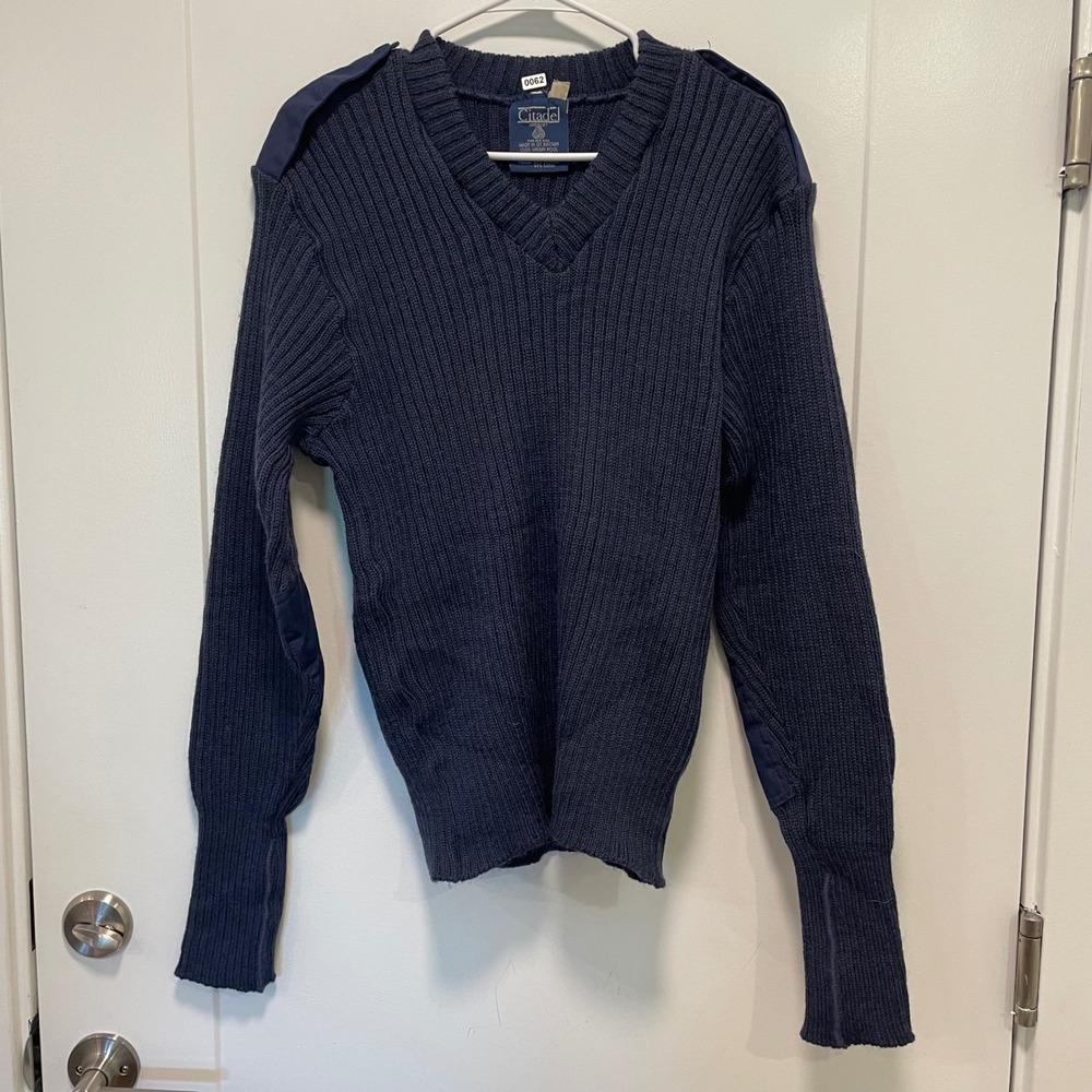Citadel Commando Sweater Mens 44 Navy Blue Virgin Wool V-Neck Military Ribbed UK